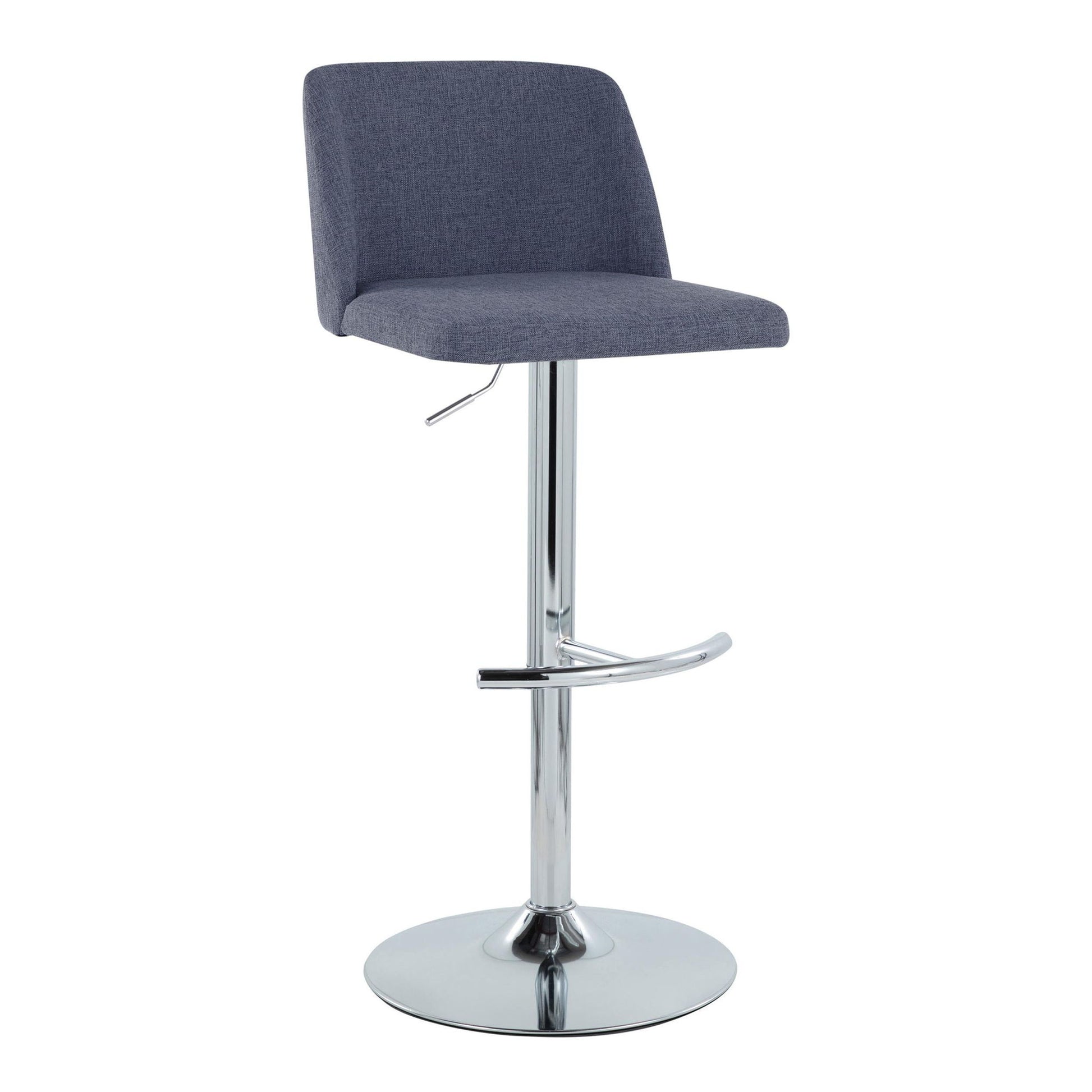 The Toriano Contemporary Adjustable Barstool (Set of 2) features gray upholstery, swivel seat and backrest, a chrome pedestal base, height adjustment lever, and a stylish rounded T footrest.
