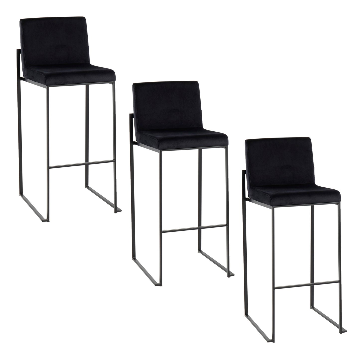 Three Fuji contemporary high back barstools with elegant design and minimalist metal legs are arranged diagonally against a white background.