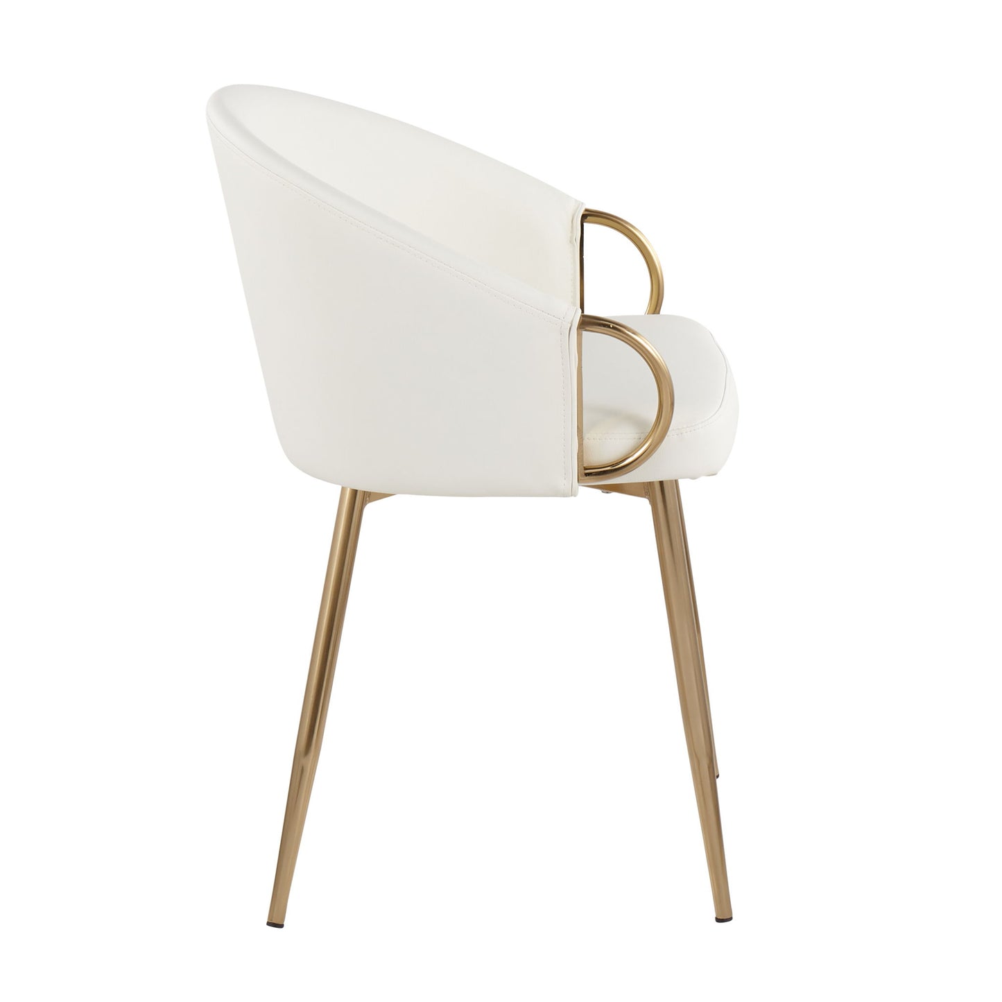Side view of the Claire - Contemporary Glam Chair, featuring a white cushioned seat and backrest, gold metal legs, and a curved armrest design.