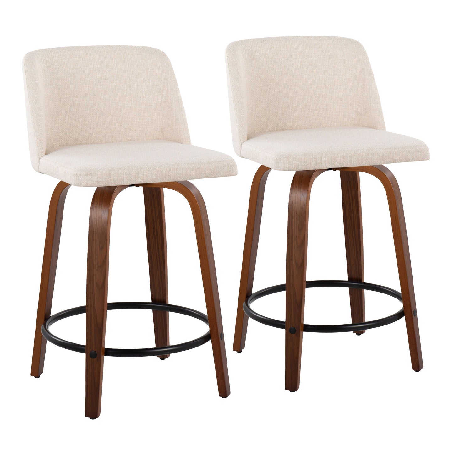 The Toriano set includes two mid-century modern counter stools featuring beige cushioned seats and backs, bentwood legs with a walnut finish, and a black metal circular footrest.
