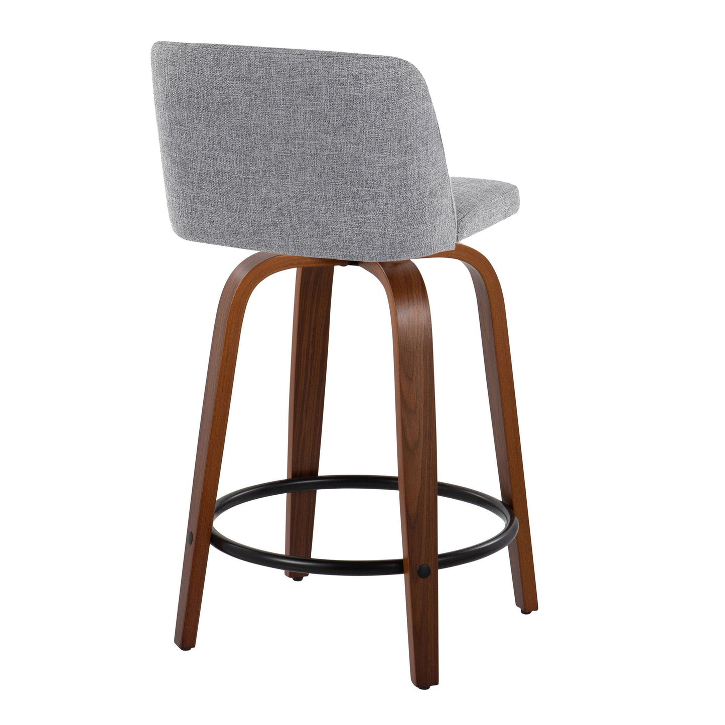 The Toriano Mid Century Modern Counter Stool set features a curved wooden frame, swivel, round metal footrest, and light gray fabric upholstery on the seat and backrest for a sleek design.