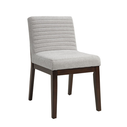 The Edwyn - Linen Side Chair (Set of 2) - Gray features a modern design with a light gray upholstered seat and backrest with horizontal stitching, four dark wooden legs, and no armrests.