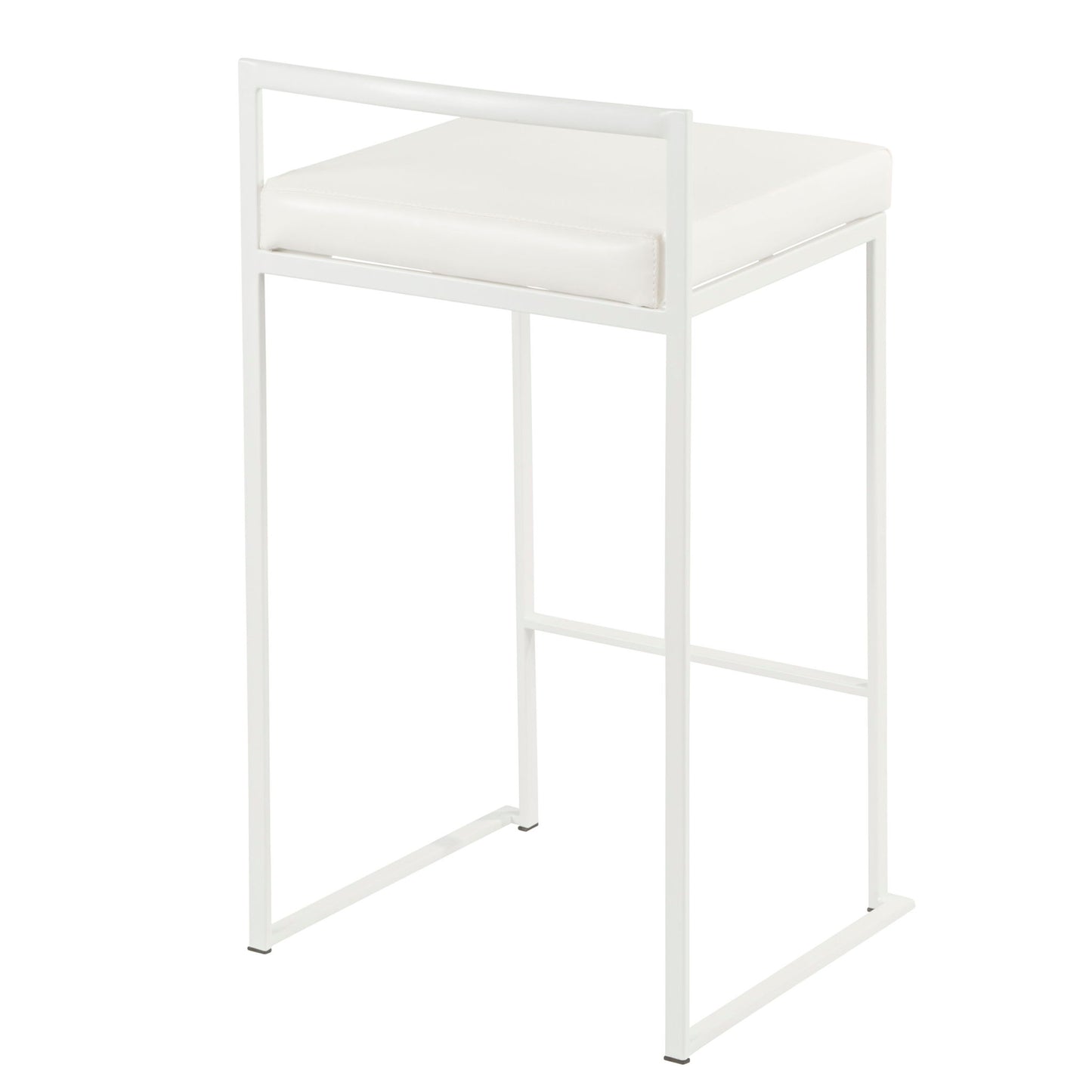 The Fuji - Simple Elegance Contemporary Stackable Counter Stool features a minimalist white design, square cushion seat, slim metal frame, open back on three sides, and sled-style legs.