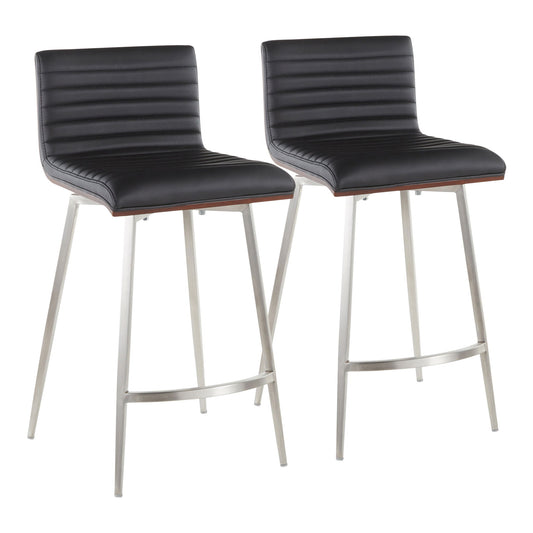 The Mason Contemporary Swivel Counter Stool (Set of 2) features black ribbed faux leather seats and backs, slim brushed metal legs, and footrests, shown side by side on a white background.
