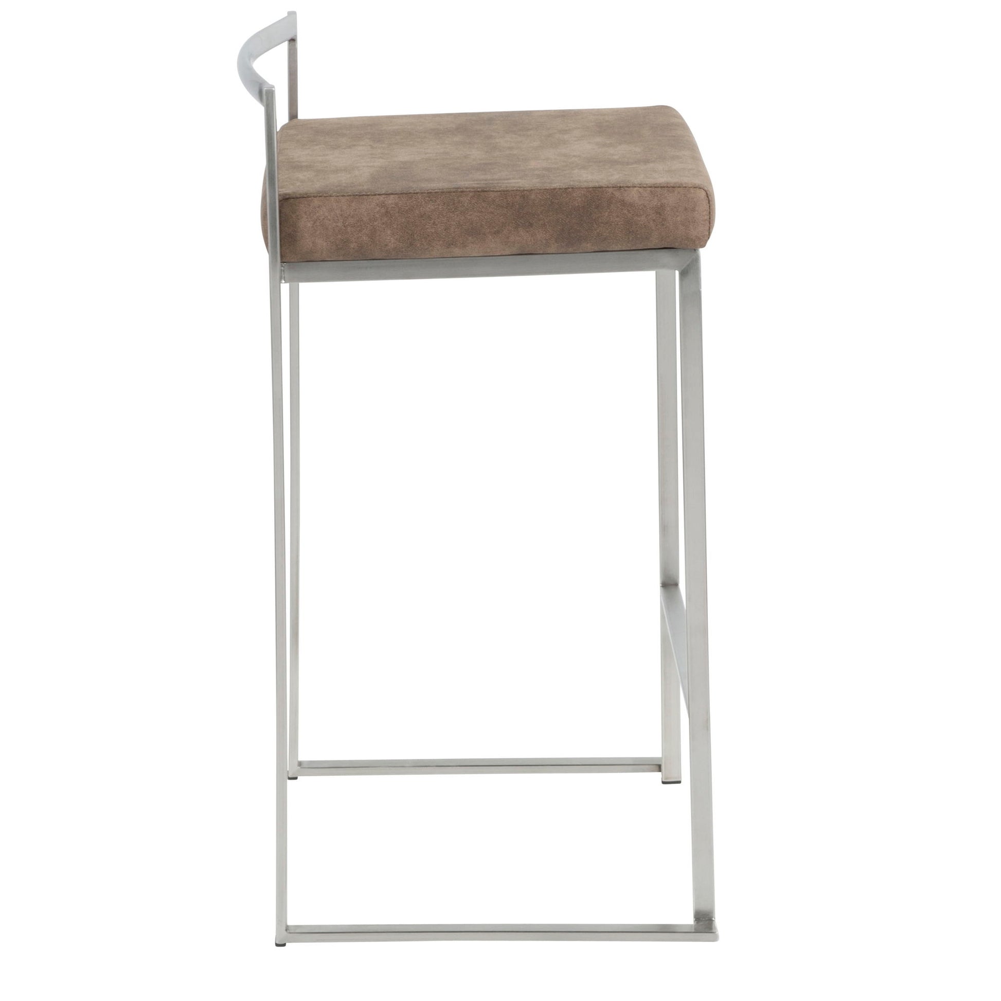 Side view of the Fuji - Contemporary Elegant Stackable Counter Stool, featuring a square brown cushioned seat and a sleek silver metal frame with minimal back support.