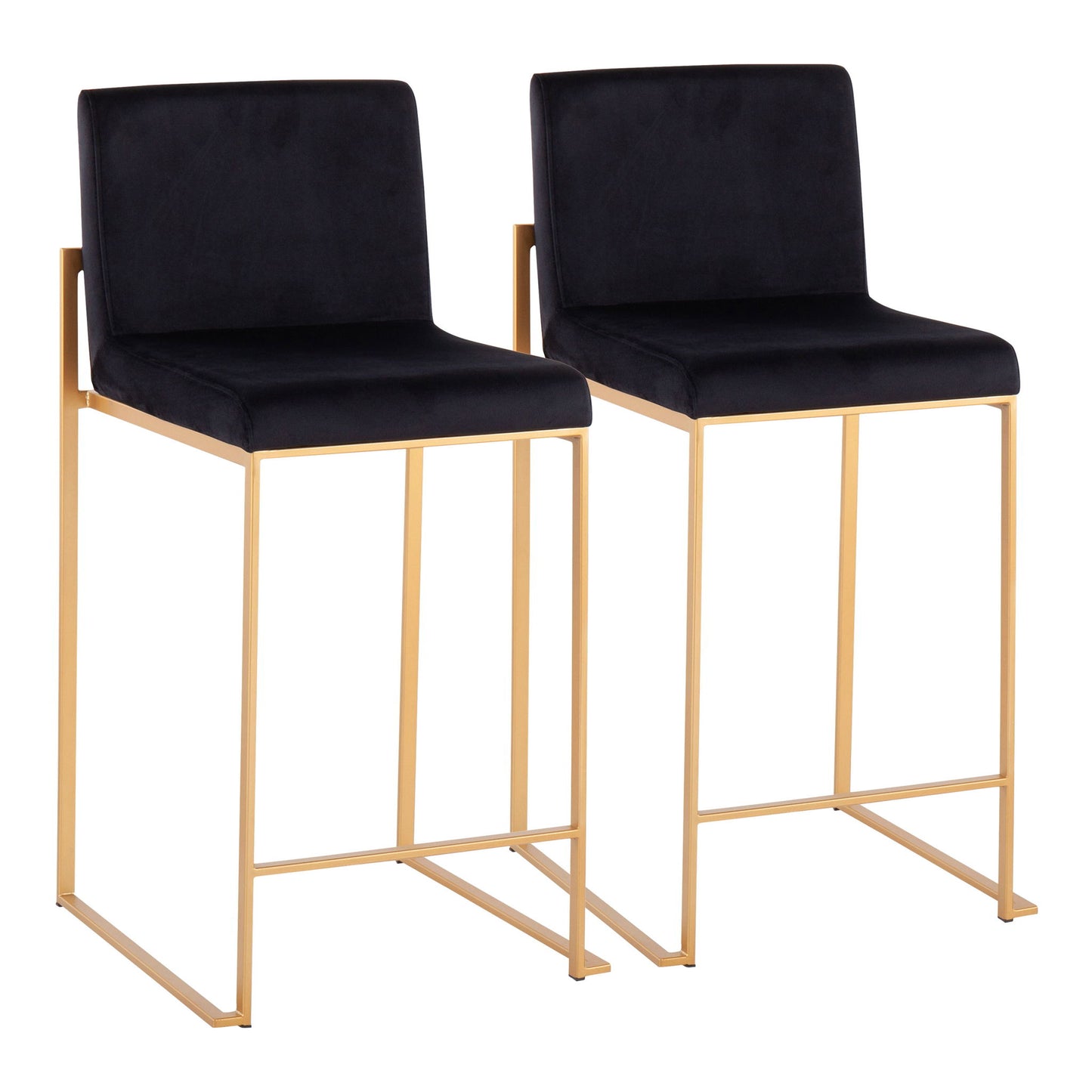 The Fuji Contemporary High Back Stylish Counter Stool features black upholstered seats and backs with slim, rectangular gold metal frames and footrests. Set includes two modern bar stools for your space.