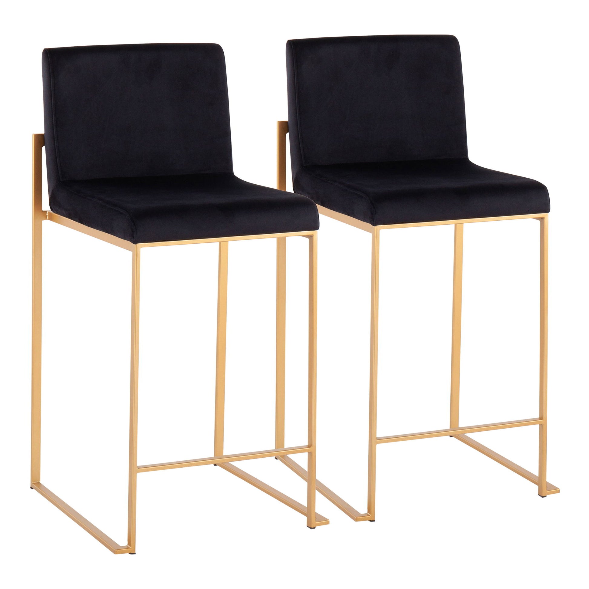 The Fuji Contemporary High Back Stylish Counter Stool features black upholstered seats and backs with slim, rectangular gold metal frames and footrests. Set includes two modern bar stools for your space.
