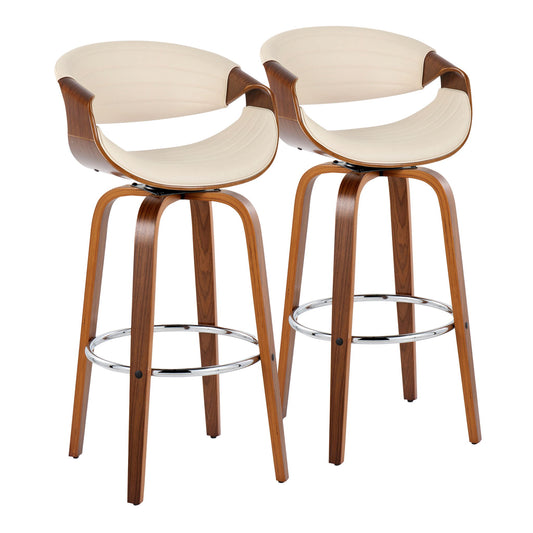 The Symphony set includes two mid-century modern barstools with swivel seats, curved wooden frames, light beige cushions, four wooden legs each, and a circular chrome footrest.