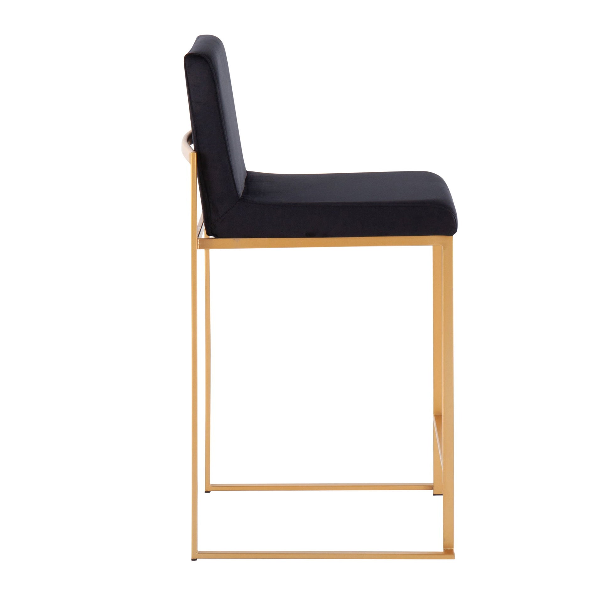 Side view of the Fuji - Contemporary High Back Stylish Counter Stool featuring a black cushioned seat and backrest on a sleek gold metal frame, set against a plain white background.