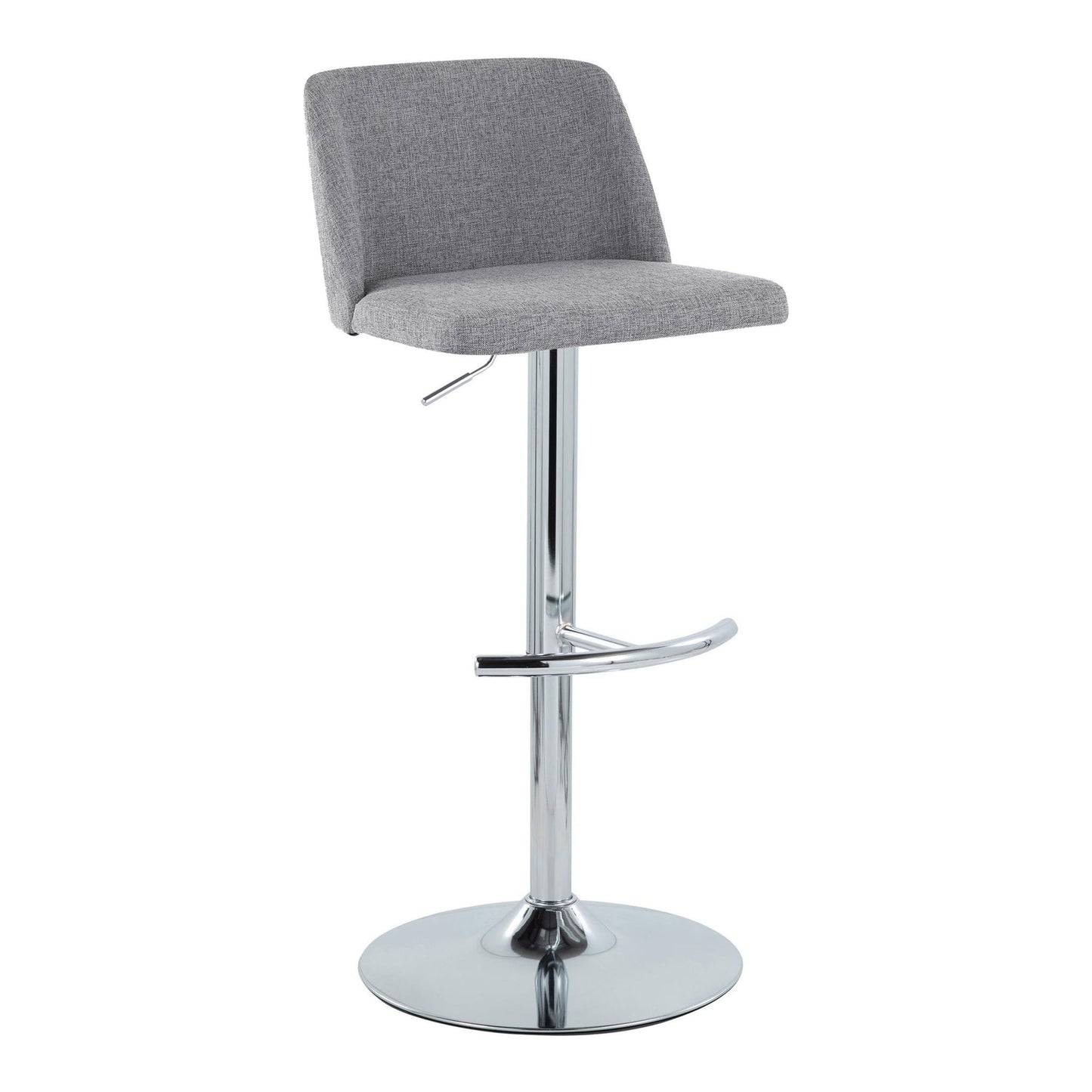 The Toriano Contemporary Adjustable Barstool (Set of 2) features a gray upholstered seat and backrest with swivel, a shiny chrome pedestal base, and a distinctive rounded T footrest.