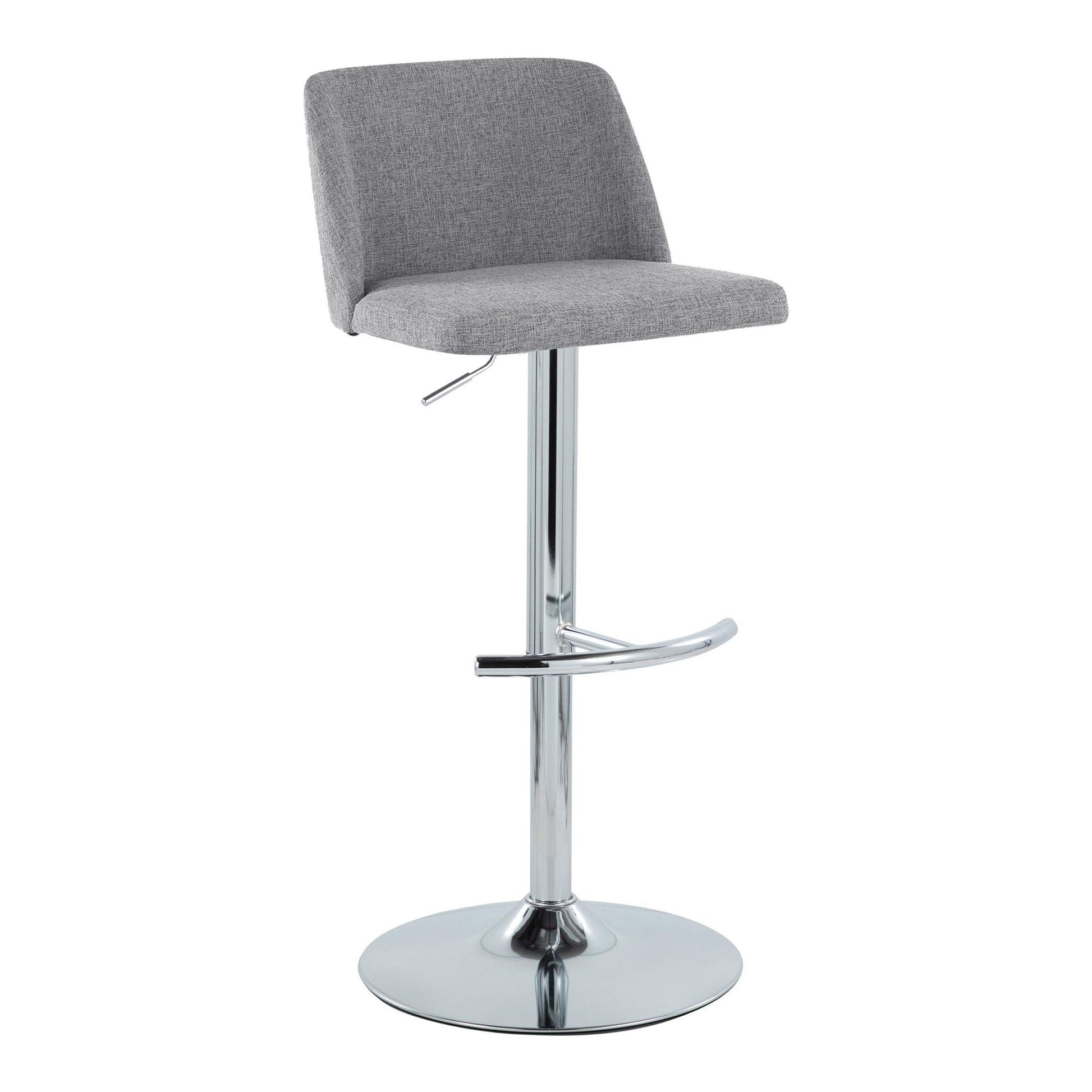 The Toriano Contemporary Adjustable Barstool (Set of 2) features a gray upholstered seat and backrest with swivel, a shiny chrome pedestal base, and a distinctive rounded T footrest.