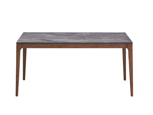 The Bevis dining table features an engineered stone top with subtle gray veining and a minimalist design, supported by four slender walnut legs.