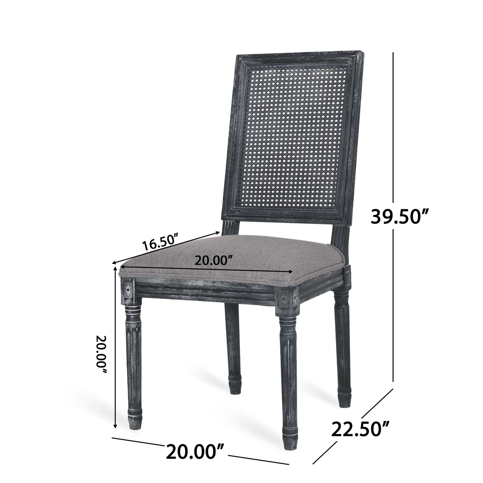 The French Country Dining Chair features a rectangular cane backrest and smooth gray upholstered seat. Dimensions: seat height 20", width 20", depth 16.5"; overall depth 22.5", height 39.5". Vintage-inspired wooden design.