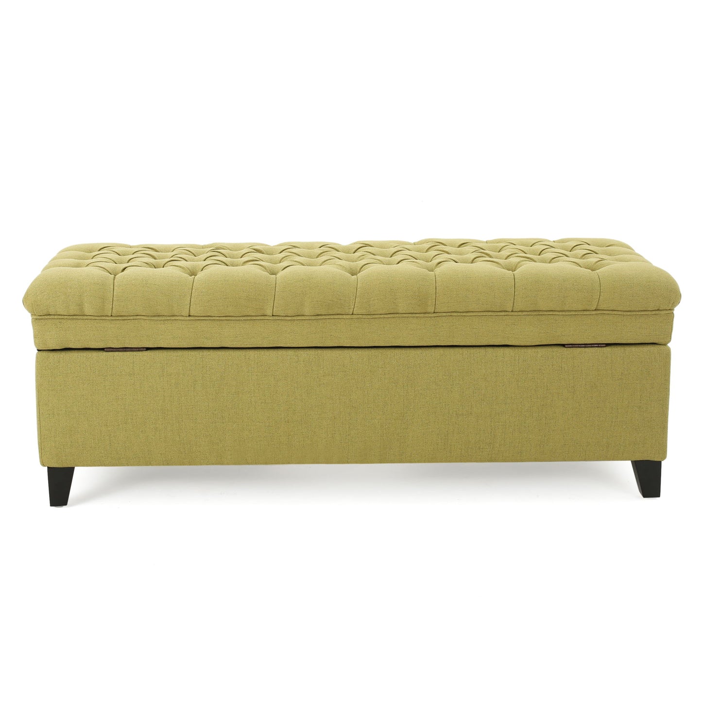 The Juliana Storage Ottoman features a rectangular olive green upholstered design, a tufted cushion top, and short angled birch legs.