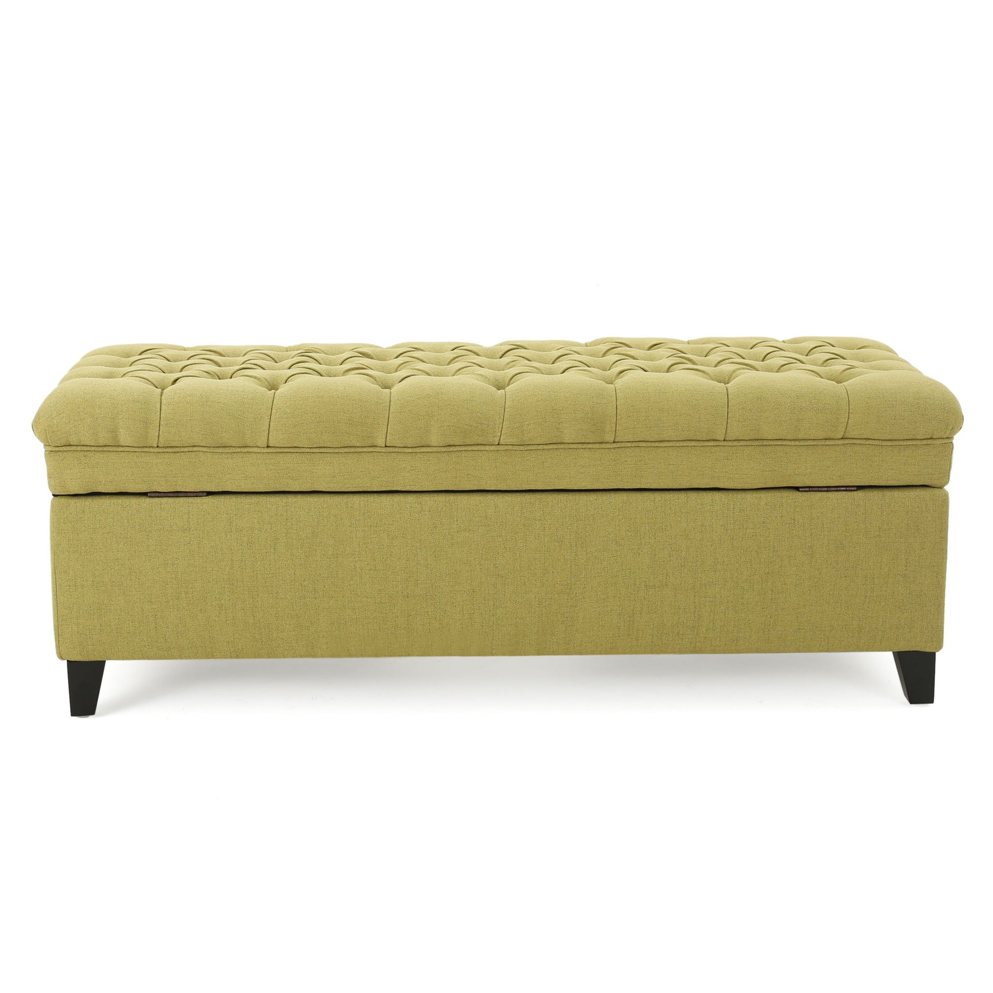 The Juliana Storage Ottoman features a rectangular olive green upholstered design, a tufted cushion top, and short angled birch legs.