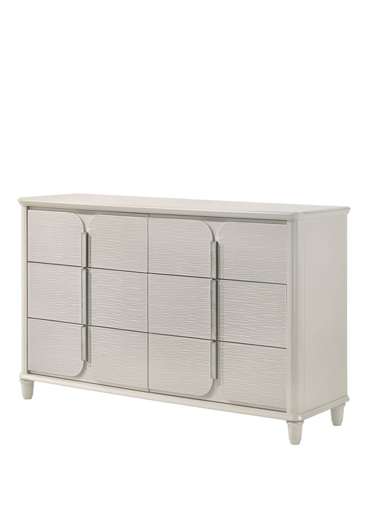 The Laveda Dresser in white features six drawers, a textured front design, rounded corners, and short legs for a modern look.