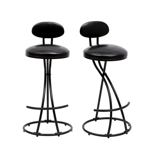 Set of 2 modern PU leather bar stools with round cushioned seats, small backrests, and metal frames featuring curved intersecting legs and circular footrests—perfect upholstered counter height chairs for your kitchen island.