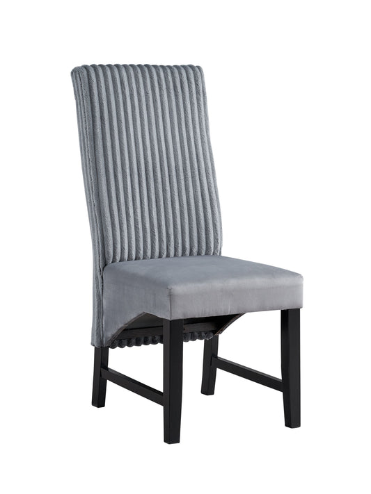 The Kini Corduroy Side Chair (Set of 2) features a tall, ribbed light gray upholstered backrest and seat with straight black wooden legs, blending modern style with comfort for your dining space.