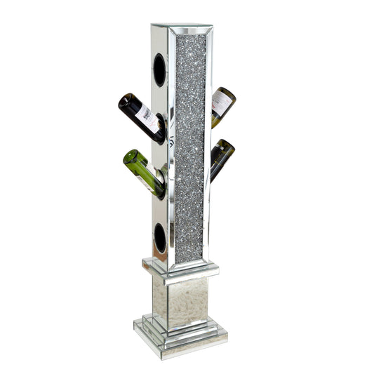 Crushed Diamond Floating Mirrored Wine Bottle Holder - Silver
