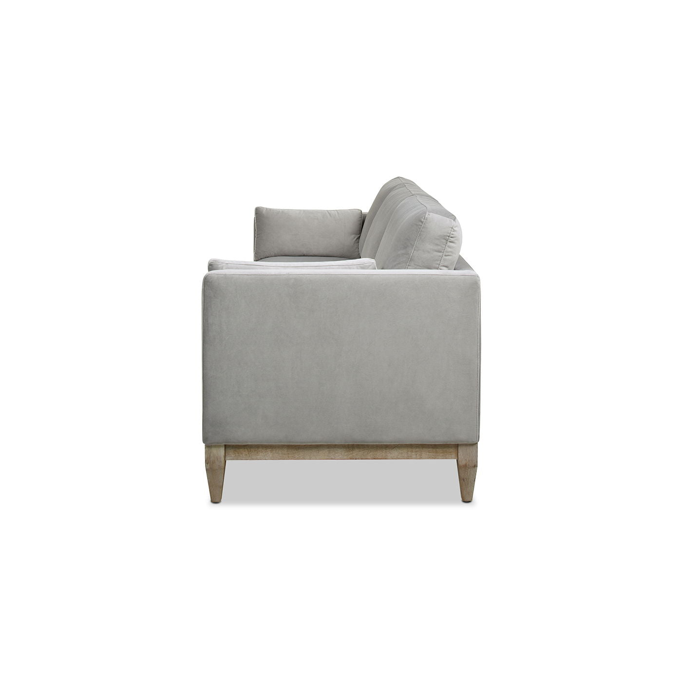 Side view of the Knox - Modern Farmhouse Sofa in light gray, featuring wooden legs, square arms, and a plush seat cushion, photographed against a plain white background.