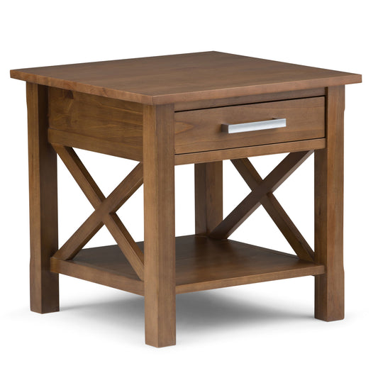 The Kitchener End Table in Medium Saddle Brown features a wooden design with a convenient drawer.
