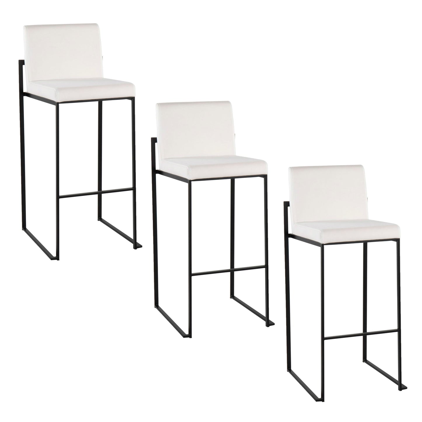 Three Fuji Contemporary High Back Barstools with white cushioned seats and backs, elegant design, and black metal frames are arranged in a row on a white background.