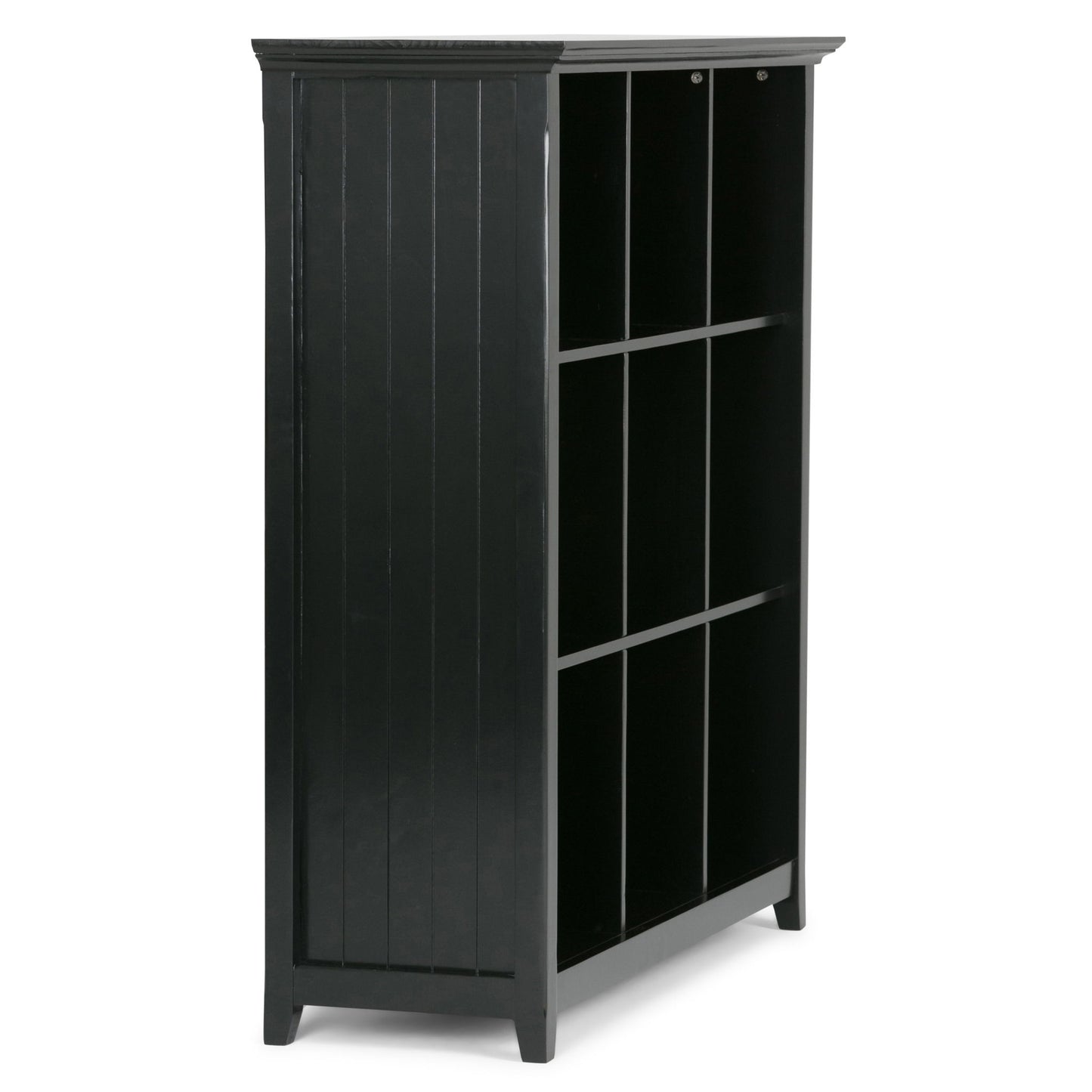 The Acadian - Handcrafted Cube Storage is a black wooden bookshelf with three shelves, each featuring three cubbyhole compartments, standing on four legs.