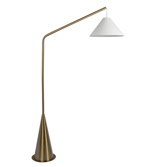 The Lisbon Floor Lamp features an antique brass coned base, a slender angled pole with an on/off switch, and a hanging white shade for a modern touch.