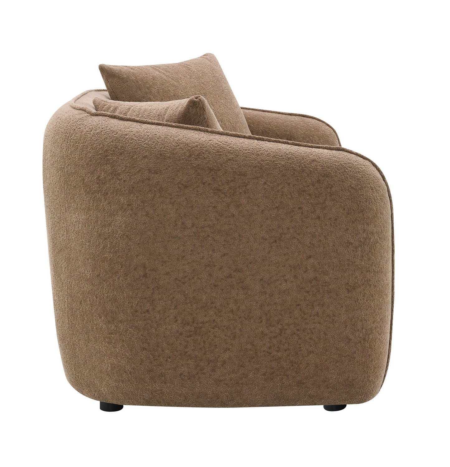 Side view of the Keith chenille loveseat in light brown textured fabric with two matching toss pillows, shown against a plain white background.