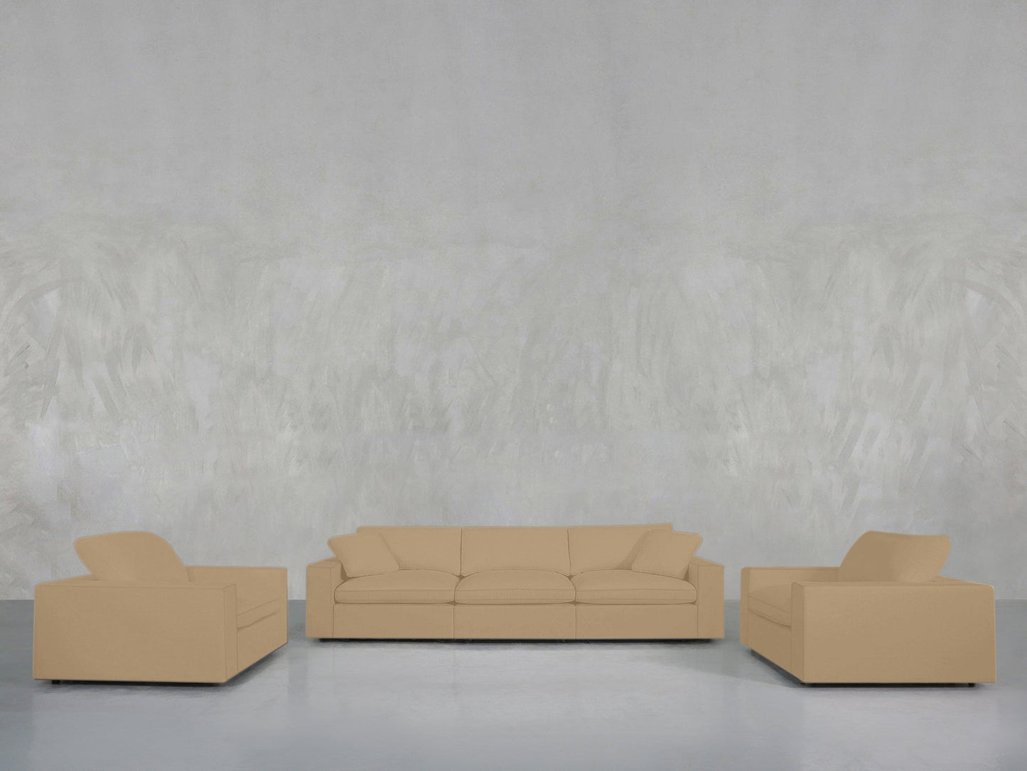 The 3-1-1 Sofa & Armchair Set, featuring a beige sofa and two matching armchairs, is arranged against a light gray textured wall on a smooth light gray floor for a modern living room look.