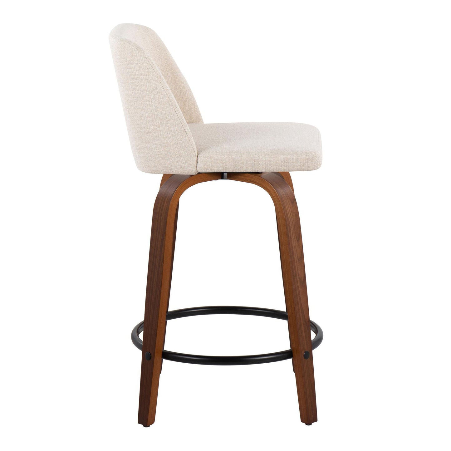 Side view of a Toriano Mid Century Modern beige upholstered bar stool, featuring a curved wooden frame and black metal circular footrest, cushioned seat and backrest on four angled wooden legs.