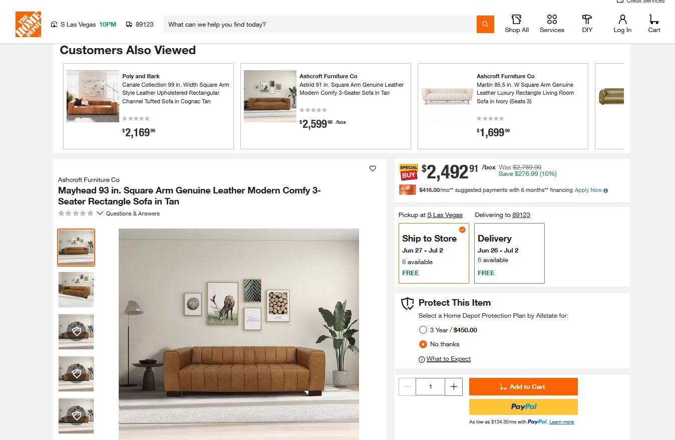 The Home Depot product page for the Dixon - Waxy Sofa - Tan displays a modern, tan 3-seater leather sofa with square arms, featuring price, image, delivery/pickup options, payment buttons, and “Customers Also Viewed” recommendations.