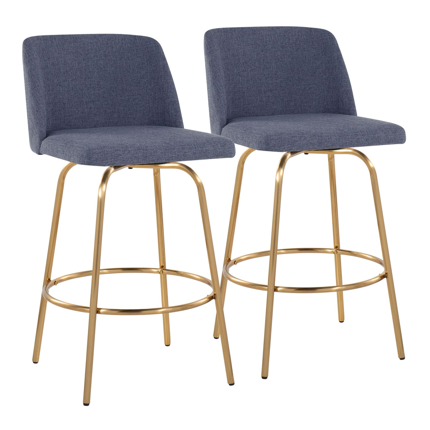 The Toriano set includes two contemporary, fixed height counter stools with swivel seats, round footrests, and textured dark gray upholstered seats and backs, featuring gold metal legs. Displayed side by side against a white background.
