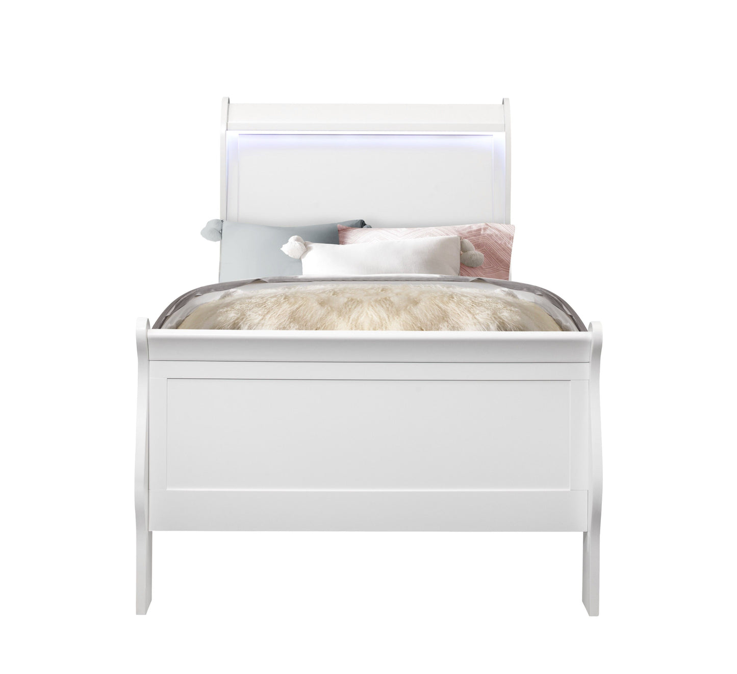 The Charlston - Bed With LED features a white panel headboard and is styled with a beige comforter and layered pillows in white, pink, and pastel blue against a plain white background.