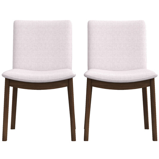 A pair of Laura Mid-Century Modern Solid Wood Dining Chairs, each with light upholstered seats and backs and dark wooden frames, are placed side by side against a plain white background.