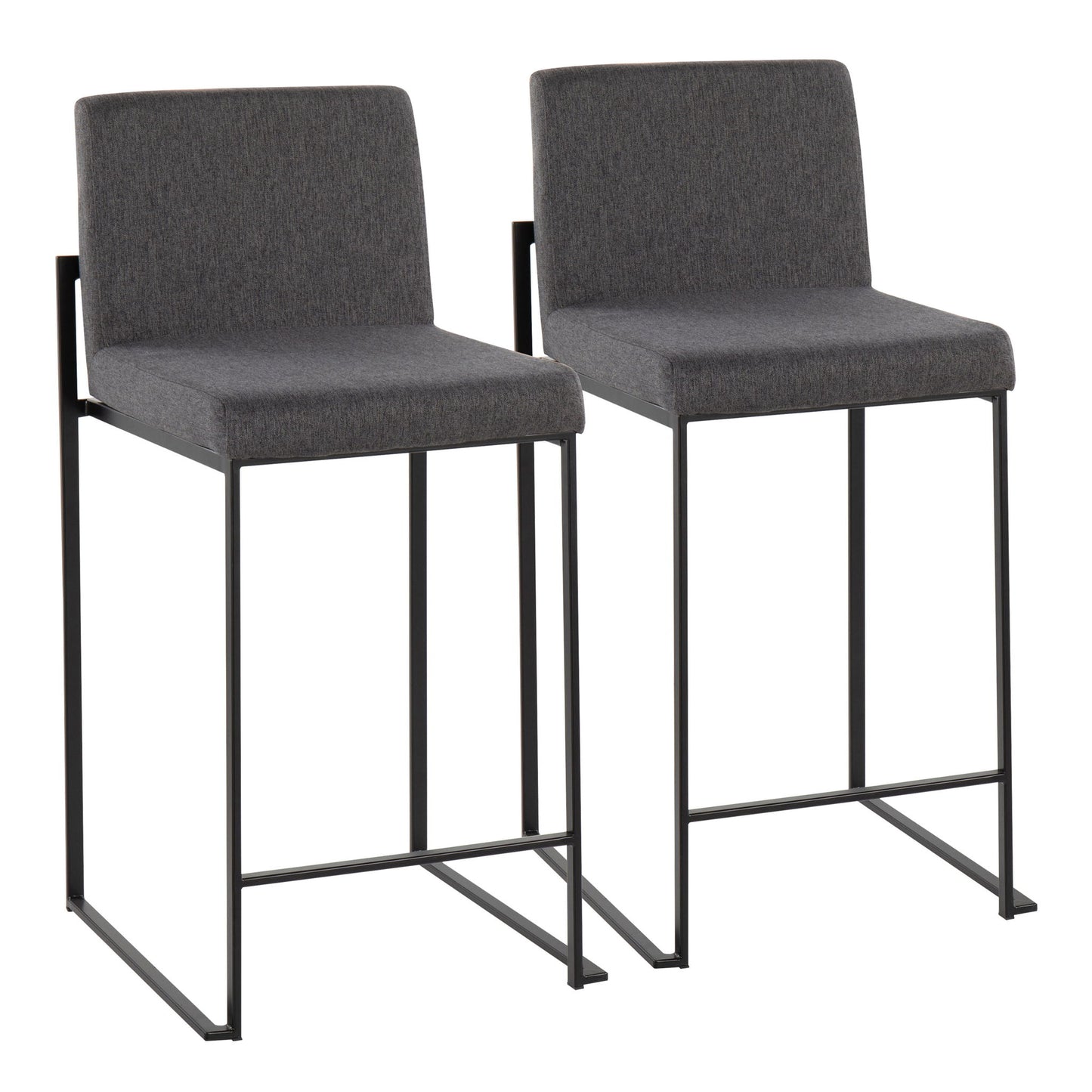 The Fuji Counter Stool offers modern elegance with a high back, dark gray upholstered seat and back, slim black metal legs, and a minimalist rectangular design.