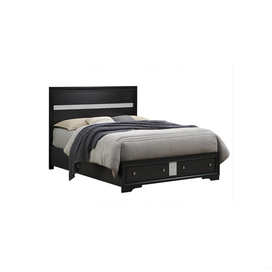 The Madrid Queen Bed in black features a headboard with a horizontal accent stripe, nickel handles, two storage drawers at the foot, and is shown with light gray and beige bedding plus a dark throw blanket.
