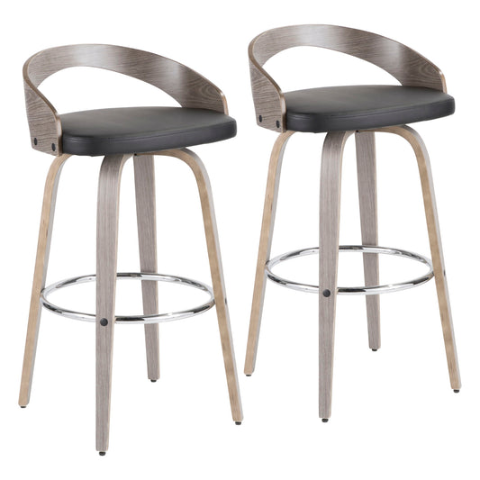 The Grotto Mid-Century Modern Stool set includes two stools with light wood legs, curved low backs, black cushioned seats, and metal footrests, shown against a plain white background.