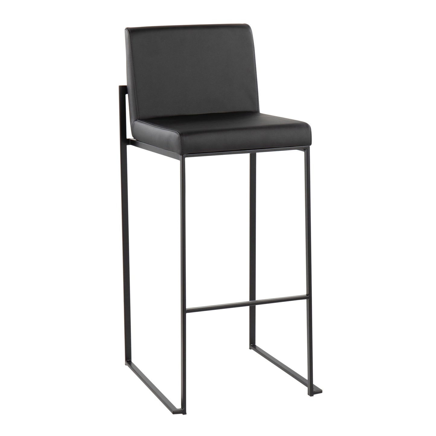 The Fuji - Contemporary High Back Barstool features a modern black square seat and backrest, upholstered in black material, supported by a minimalist black metal frame with a built-in footrest for elegant style.