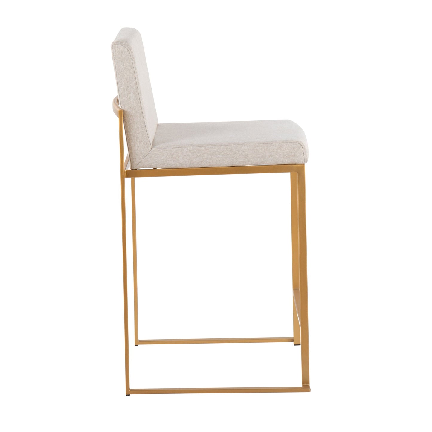 The Fuji Contemporary High Back Counter Stool features a gold metal frame with a light beige upholstered seat and backrest, shown in a side view against a white background.