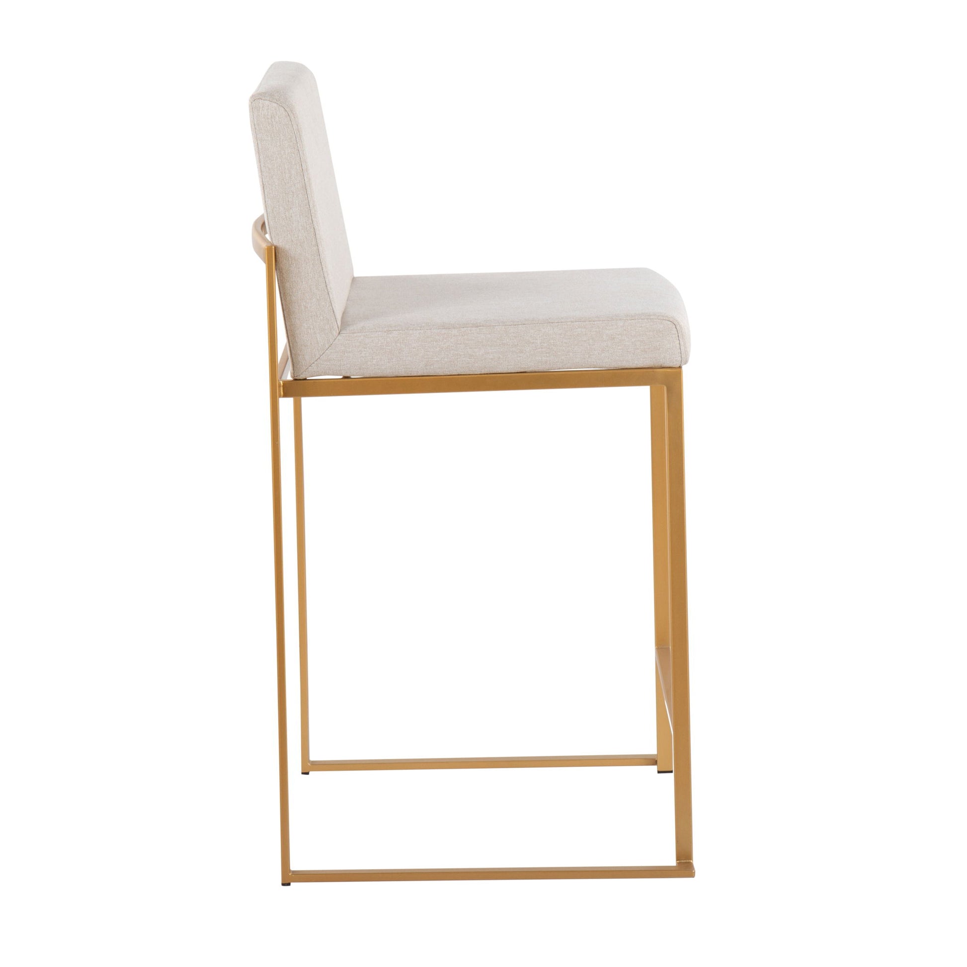 The Fuji Contemporary High Back Counter Stool features a gold metal frame with a light beige upholstered seat and backrest, shown in a side view against a white background.