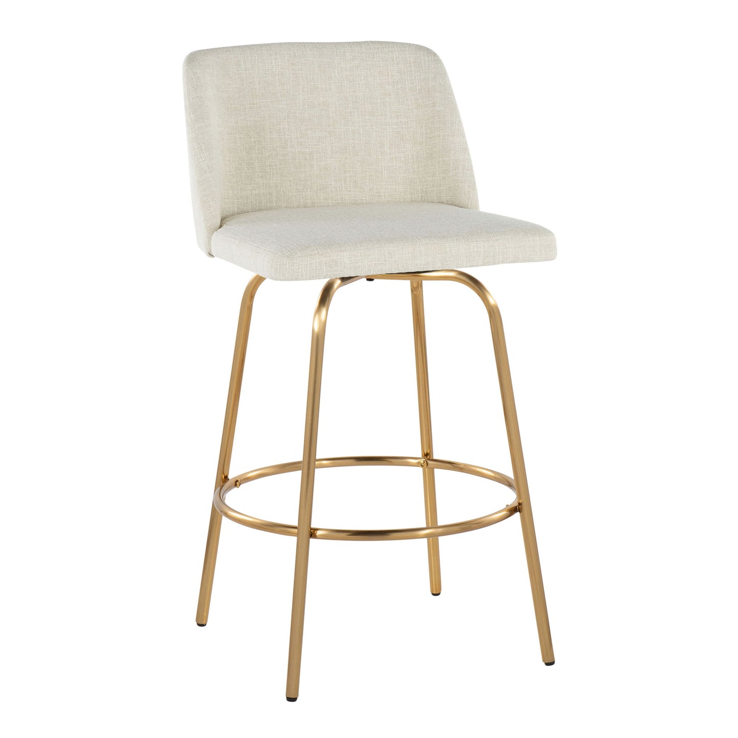 The Toriano set includes two contemporary fixed-height counter stools with swivel, featuring light beige cushioned seats and backrests, gold metal legs, and a round footrest.