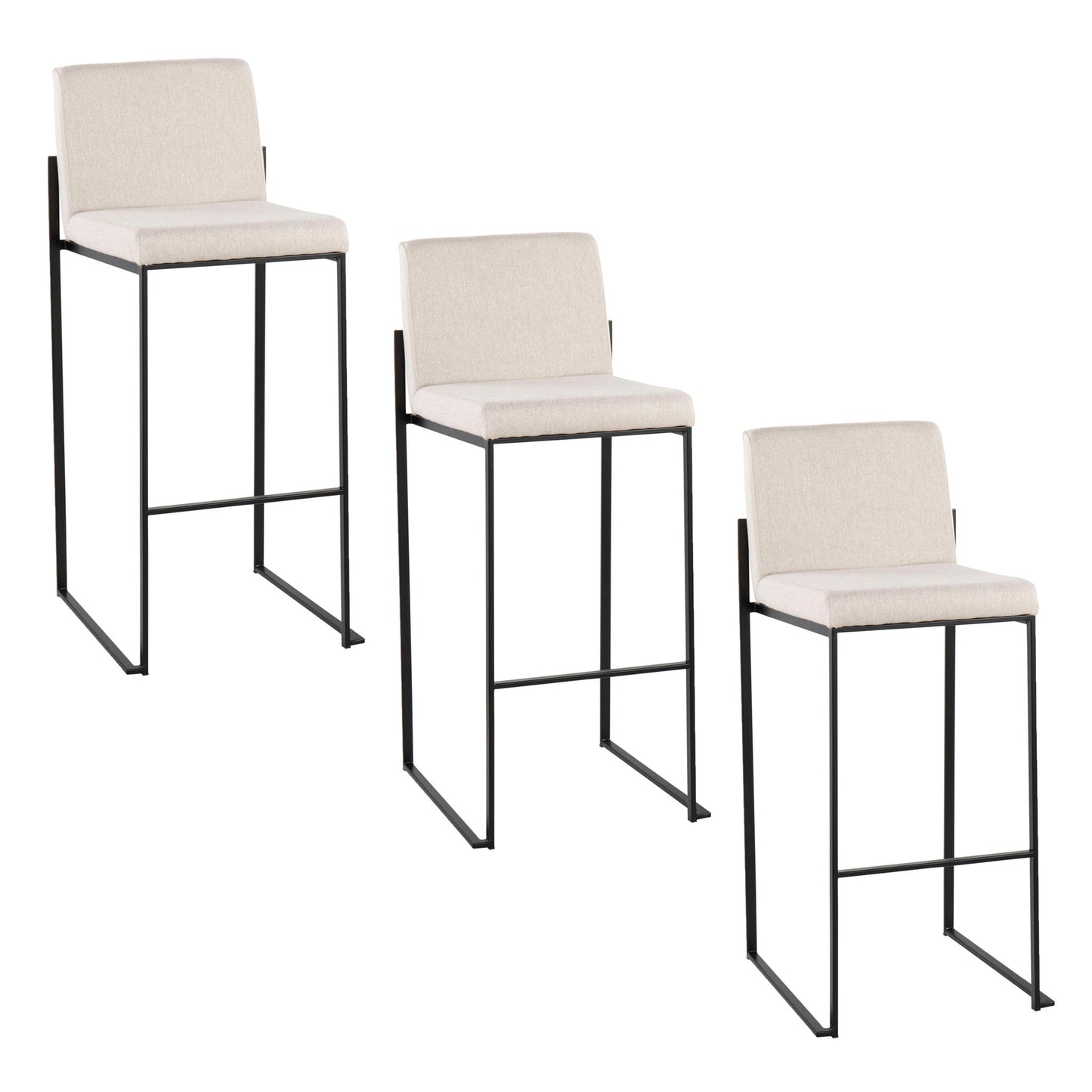 Three Fuji Contemporary High Back Barstools with light beige cushioned seats and backs on sleek black metal frames, arranged in a staggered descending order from left to right.