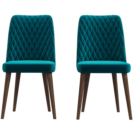 A set of two Katie Mid-Century Modern Dining Chairs with teal diamond-quilted upholstery and dark wooden legs, placed side by side against a white background.