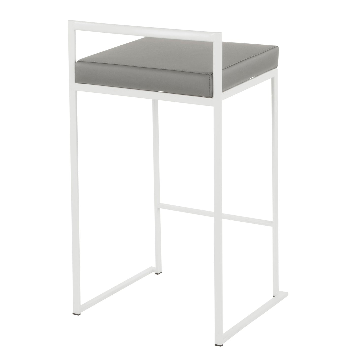 The Fuji - Simple Elegance, Contemporary Stackable Counter Stool features a white metal frame, square gray cushioned seat, minimalist open-back design, and straight legs for a stylish modern look.