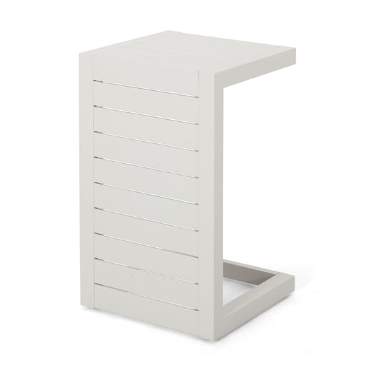 The Aluminum Outdoor C-Shaped Side Table for Patio features a modern, light gray design with horizontal slats and an open base, perfect for sliding under a sofa or chair.