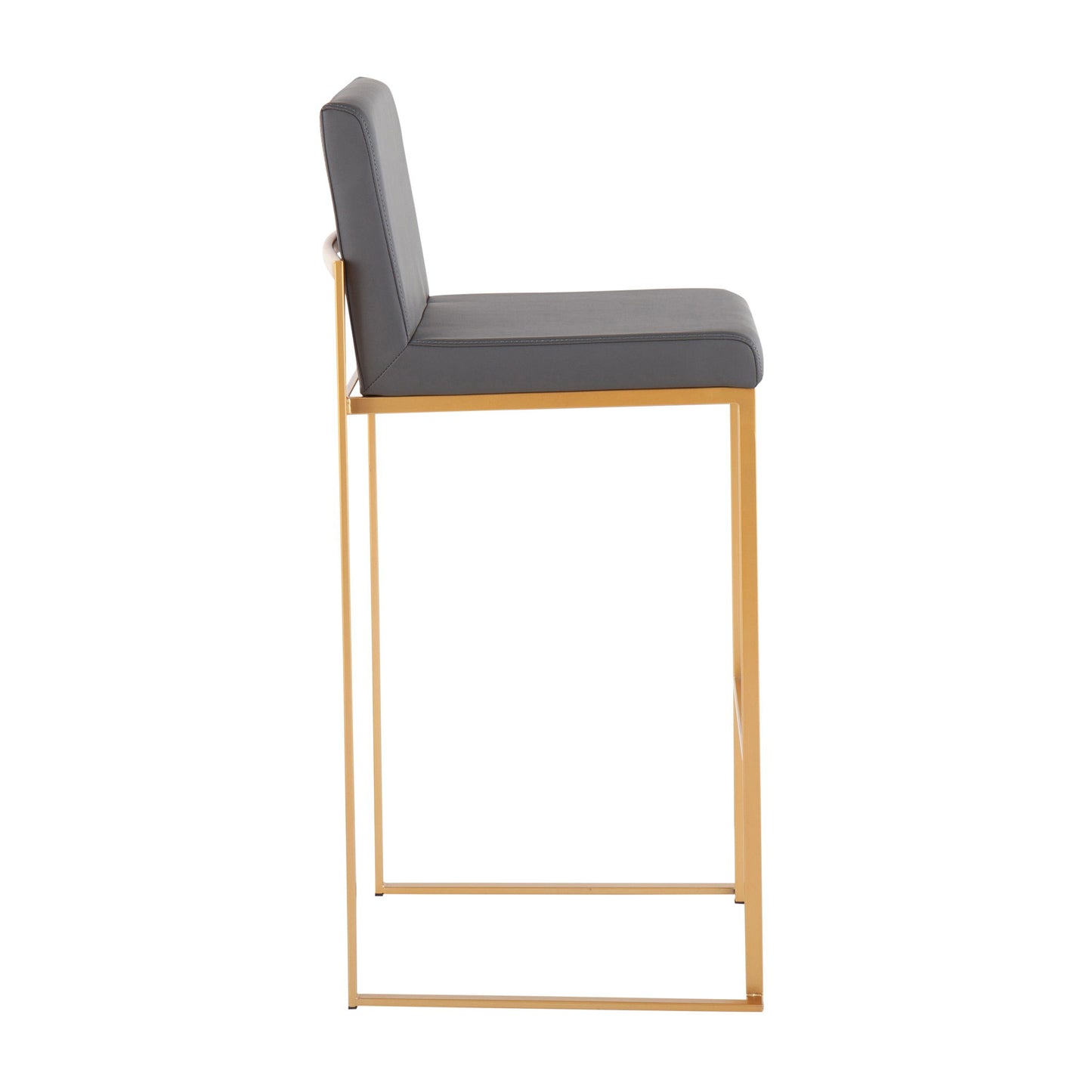 Side view of the Fuji - Contemporary Design High Back Barstool (Set of 2), featuring a gold metal frame and gray cushioned seat and backrest.