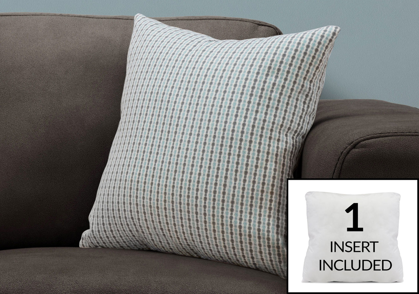 A hypoallergenic decorative square throw pillow with a subtle check pattern sits on a dark gray sofa; an inset highlights the included white insert.
