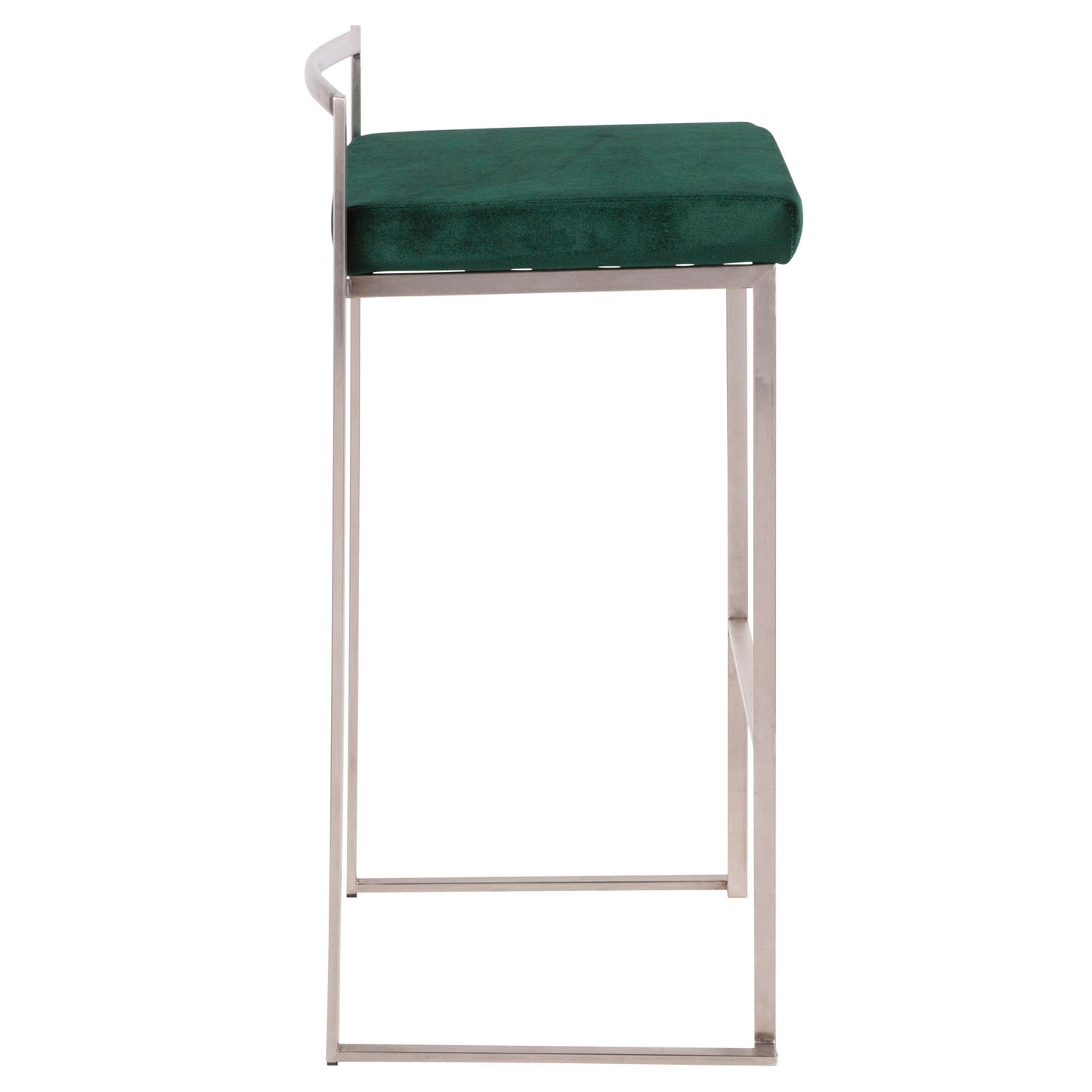 Side view of the Fuji Contemporary and Elegant Design Stackable Barstool, featuring a green cushioned seat, slim metal frame, and low curved backrest, shown against a white background.