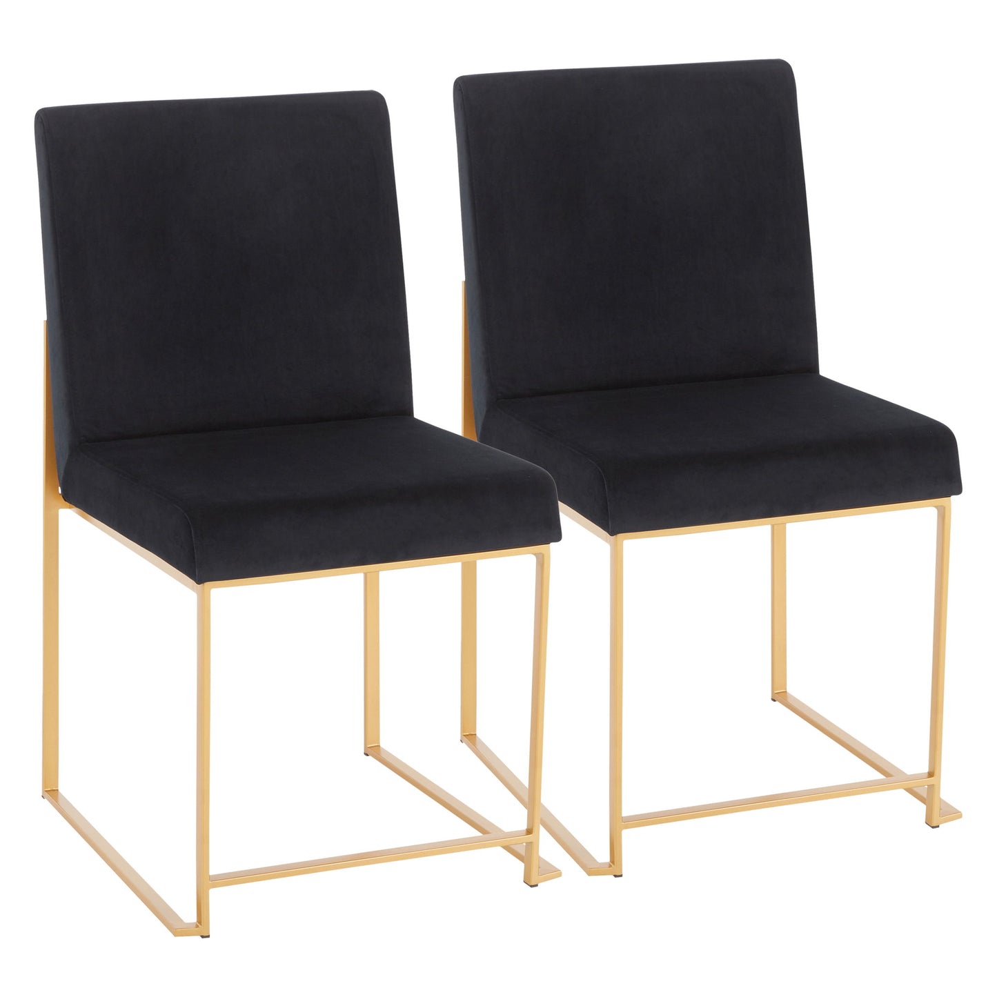 A set of two Fuji high back dining chairs with black upholstered seats and gold-colored contemporary metal frames stand side by side against a white background.